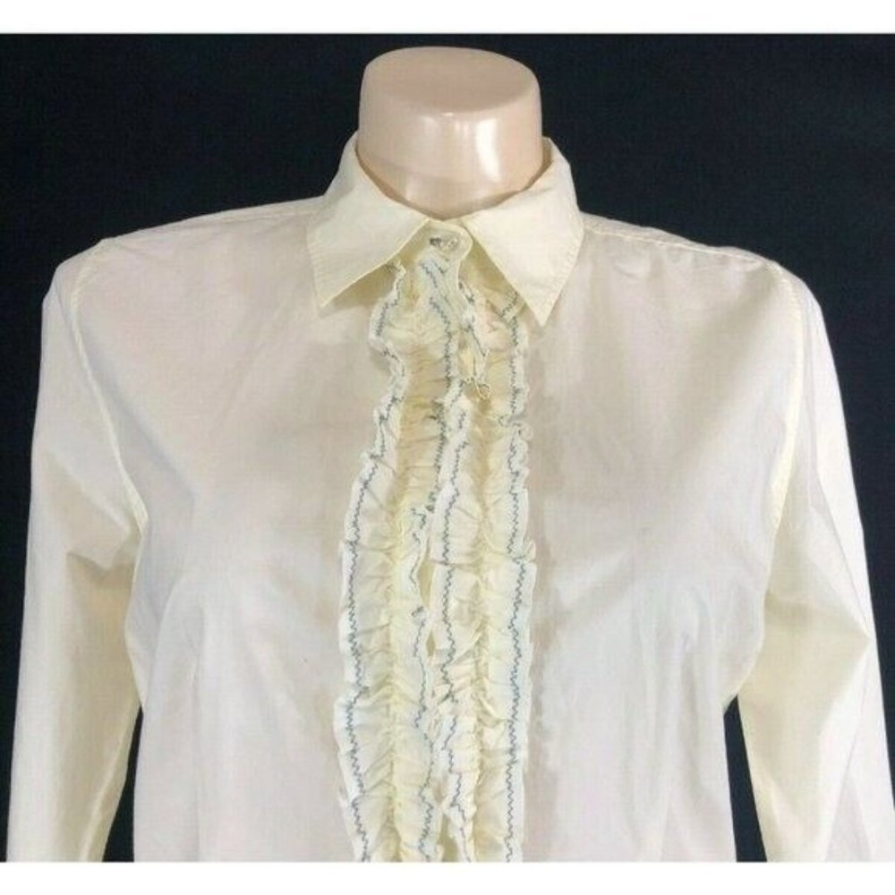 Madison 16 Large Shirt Cream Blue Zig Zag Stitch Ruffle Long Sl Cuff Washable LN